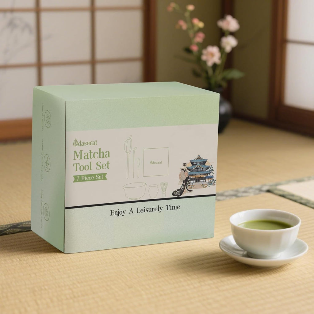 Matcha Whisk Set, 7 Pcs Matcha Kit, Premium Ceramic Matcha Set, Whisk and Bowl, Sifter, Cup Holder, Bamboo Scoop, Tea Plucking, Tea Towel, Matcha Lovers (White)