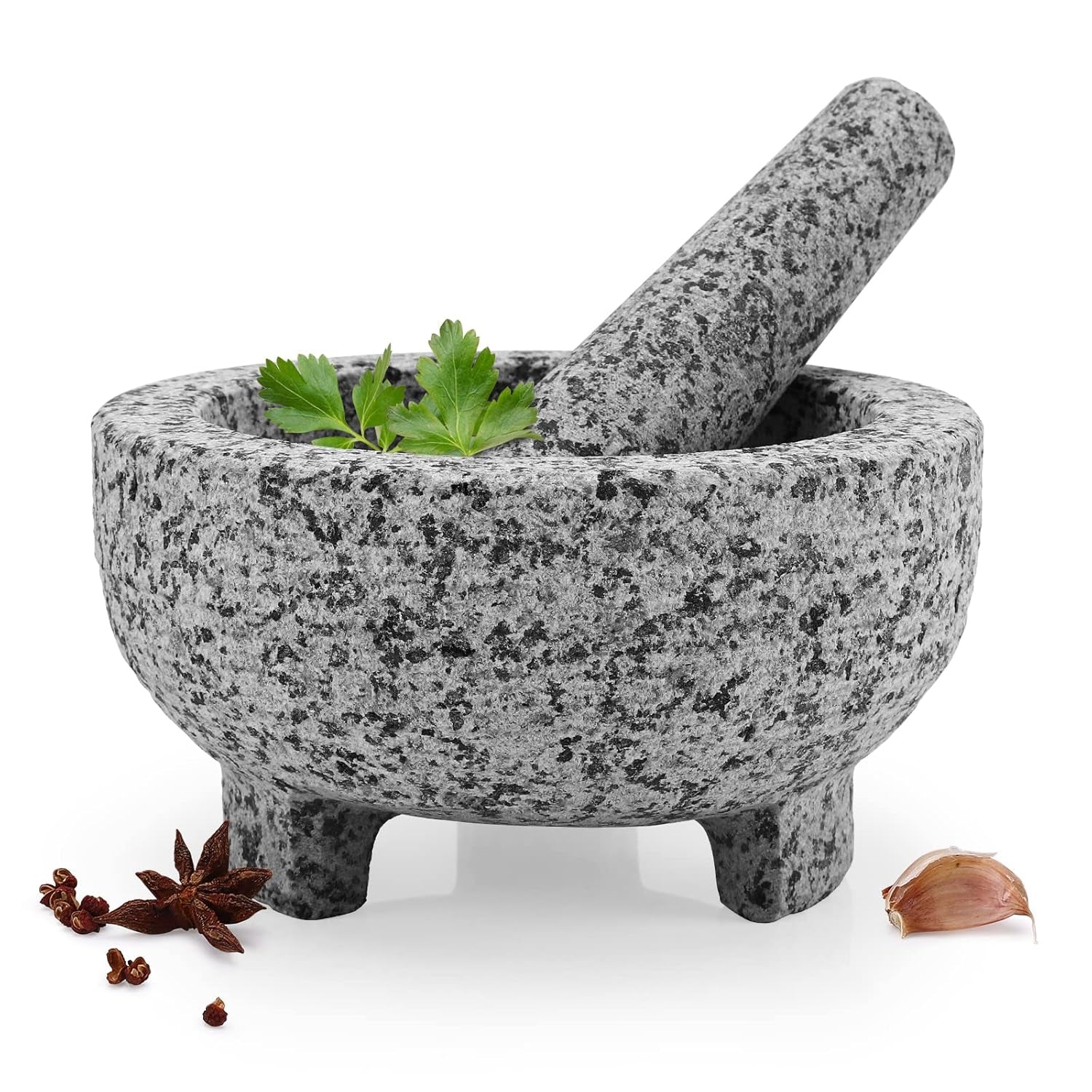 Mortar and Pestle Set,Unpolished Granite Grinder Bowl 6 Inch - 2 Cups for Herbs Pesto Pastes Seasonings Grinder,Guacamolemortar and Pestle,With Non-Slip Mats