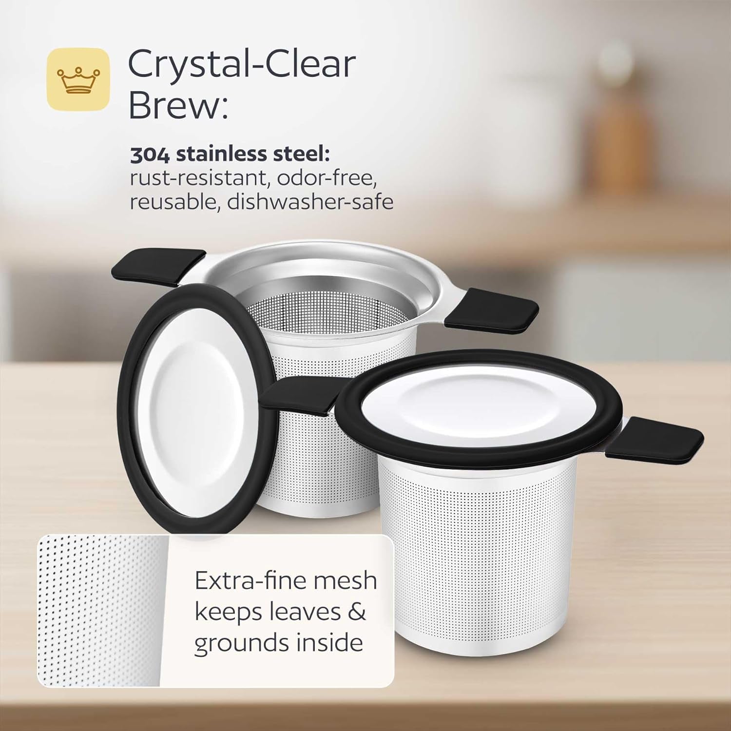Stainless Steel Tea Infuser for Loose Leaf Tea – Extra Fine Mesh Strainer with Heat Proof Double Handles & Lid, Reusable Filter Fits Mugs, Cups & Teapots, Black
