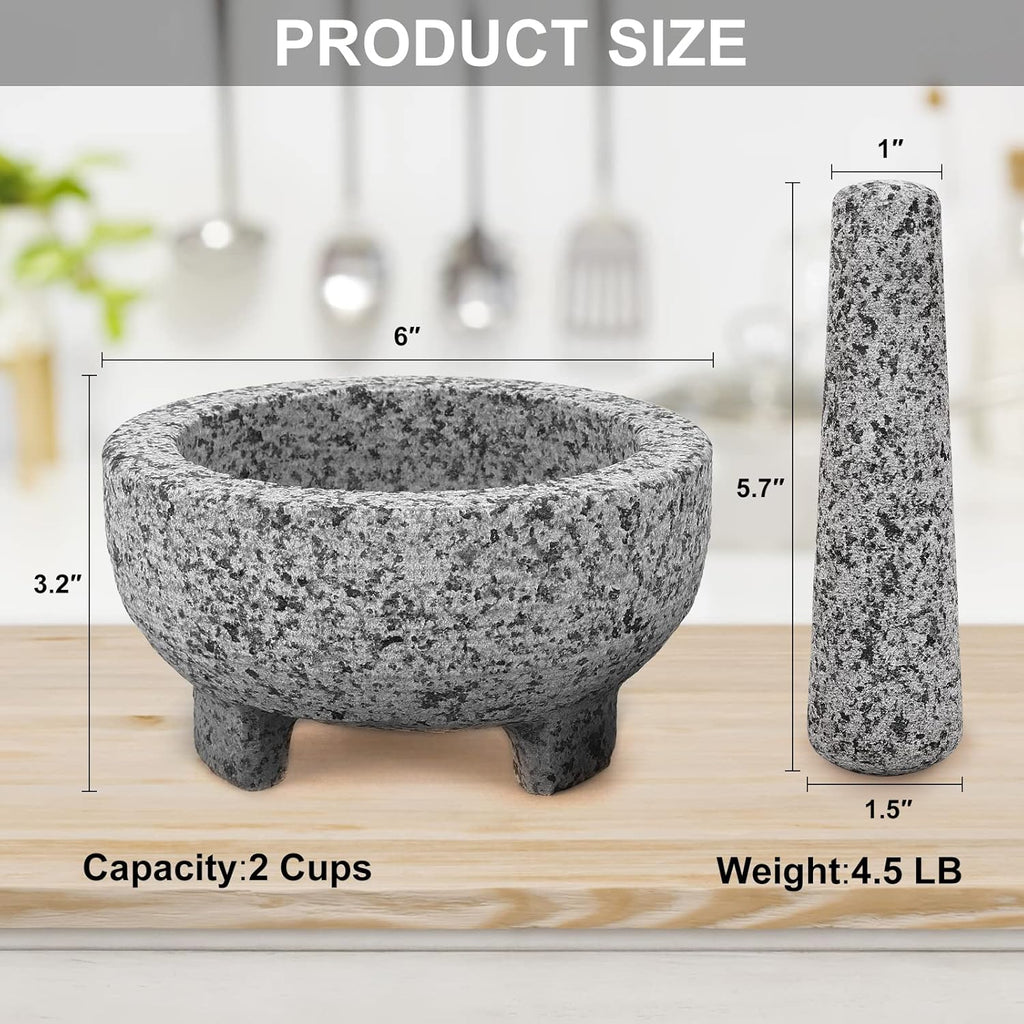 Mortar and Pestle Set,Unpolished Granite Grinder Bowl 6 Inch - 2 Cups for Herbs Pesto Pastes Seasonings Grinder,Guacamolemortar and Pestle,With Non-Slip Mats