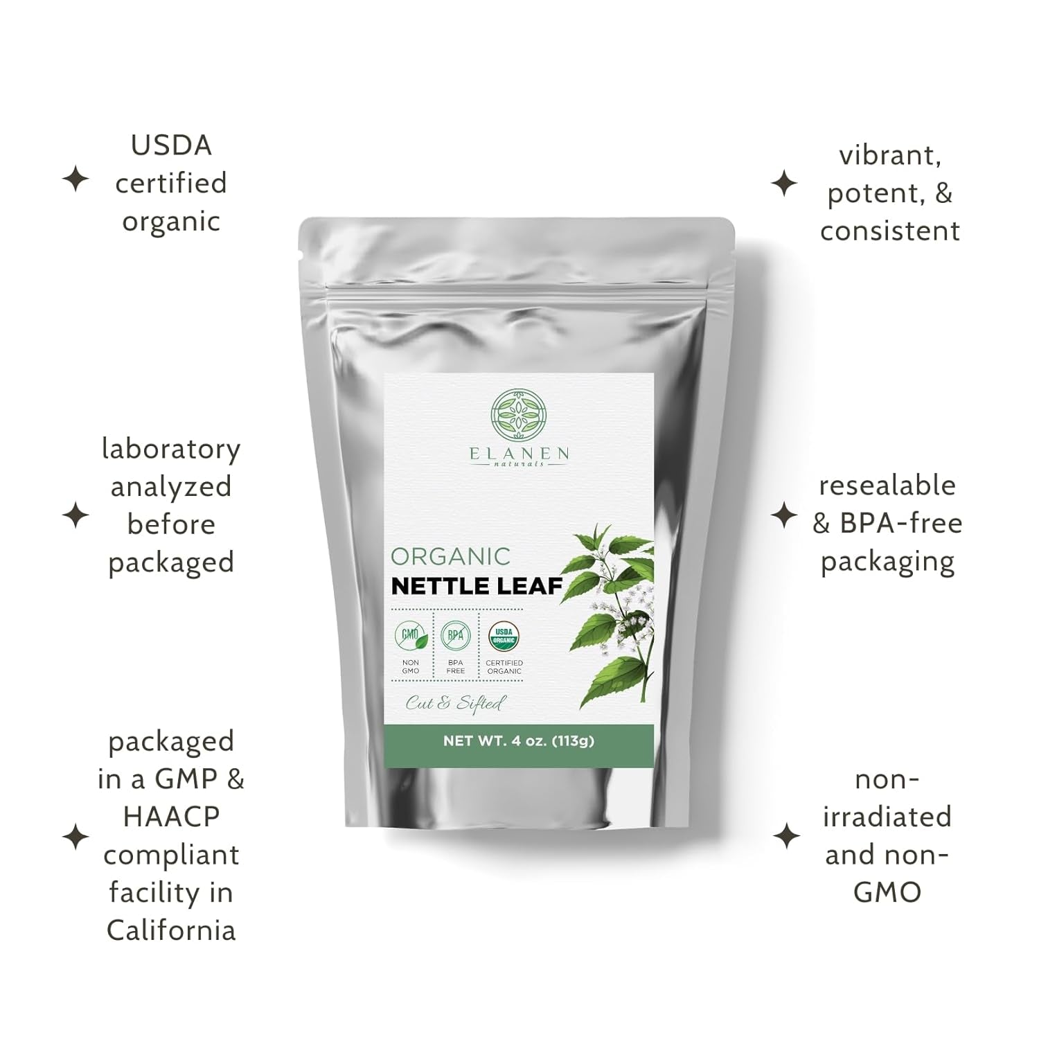 Organic Stinging Nettle 4 Oz. (113G), USDA Certified Organic Nettle Leaf Tea, Ortiga, Stinging Nettles Leaf, Cut & Sifted