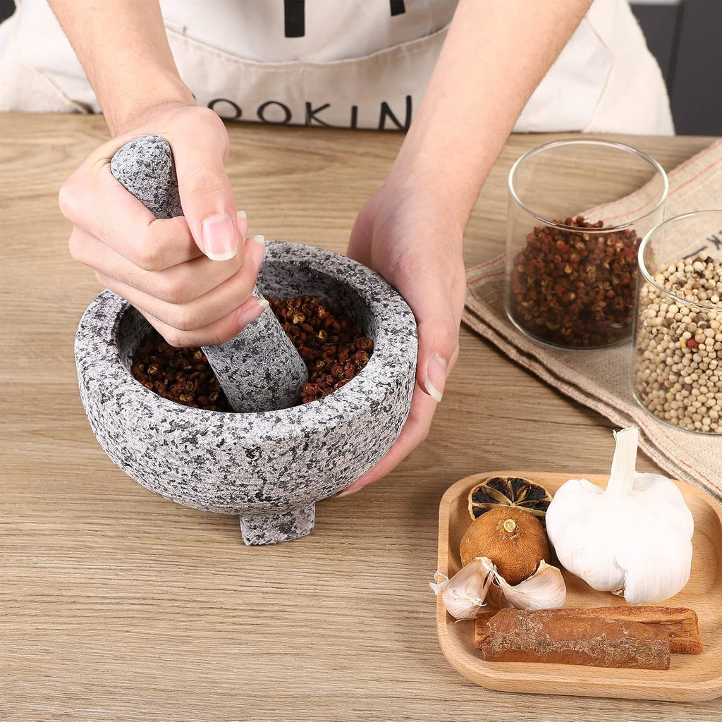 Mortar and Pestle Set,Unpolished Granite Grinder Bowl 6 Inch - 2 Cups for Herbs Pesto Pastes Seasonings Grinder,Guacamolemortar and Pestle,With Non-Slip Mats
