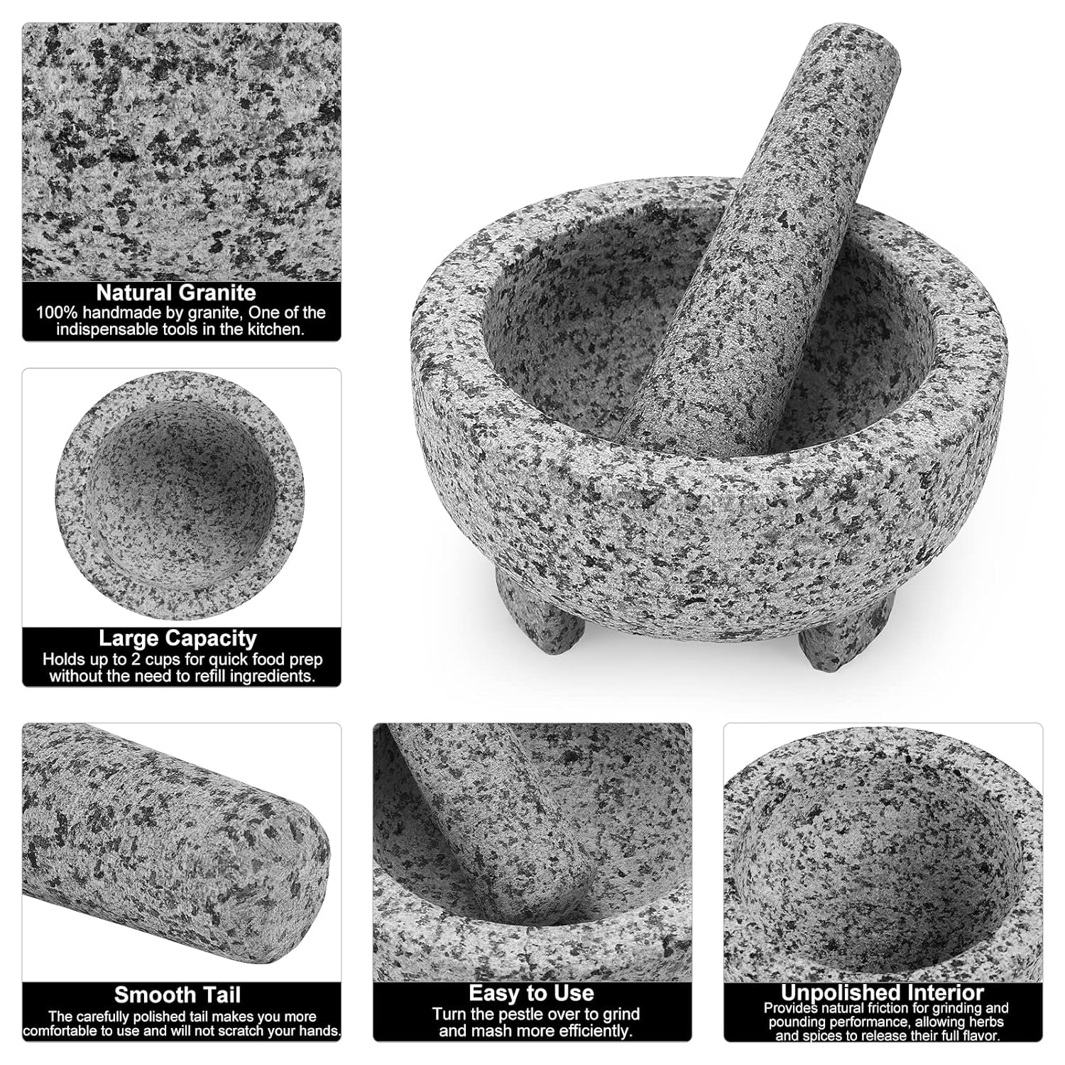 Mortar and Pestle Set,Unpolished Granite Grinder Bowl 6 Inch - 2 Cups for Herbs Pesto Pastes Seasonings Grinder,Guacamolemortar and Pestle,With Non-Slip Mats