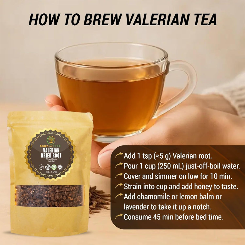 Organic Valerian Root Tea - Cut,Sifted & Non-Irradiated Valerian Tea Promotes Natural Relaxing Sleep - Te De Valeriana Officinalis in Resealable Eco Friendly Pouch 16Oz