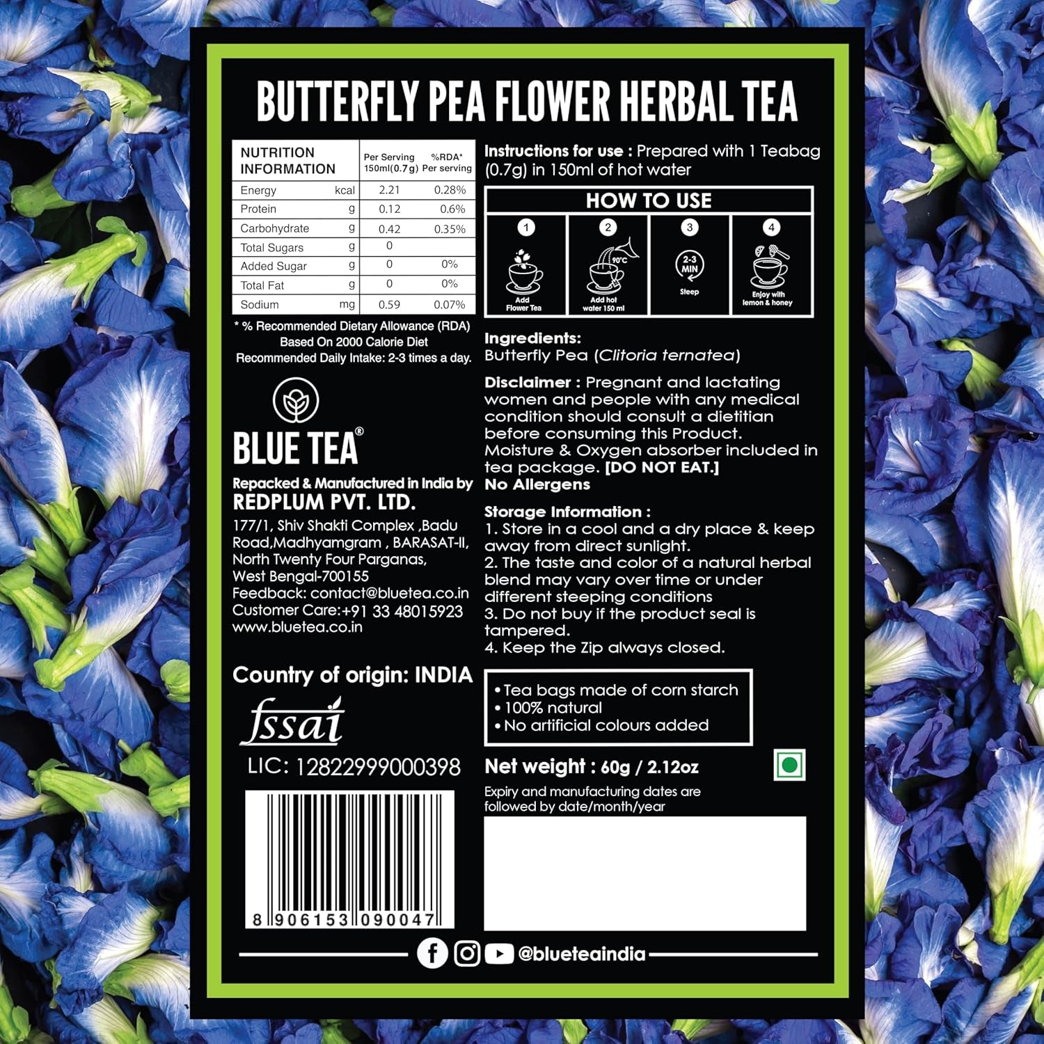 - Butterfly Pea Flower Tea - 2.11 Oz (150+ Cups) | Antioxidant Rich | Chemical Free - Herbal Tea - Caffeine Free - Non Bitter - No Preservatives | Zipper Pack