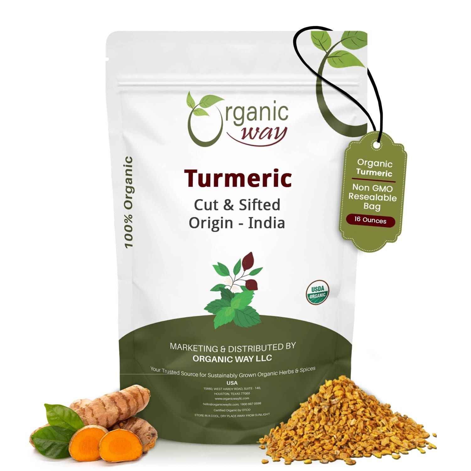 Turmeric/Haldi Root Cut & Sifted (Curcuma Longa) - Herbal Tea | Kosher & USDA Certified | Vegan, Non-Gmo & Gluten Free | Tested for Heavy Metal and Purity | Raw from India (1LBS / 16Oz.)