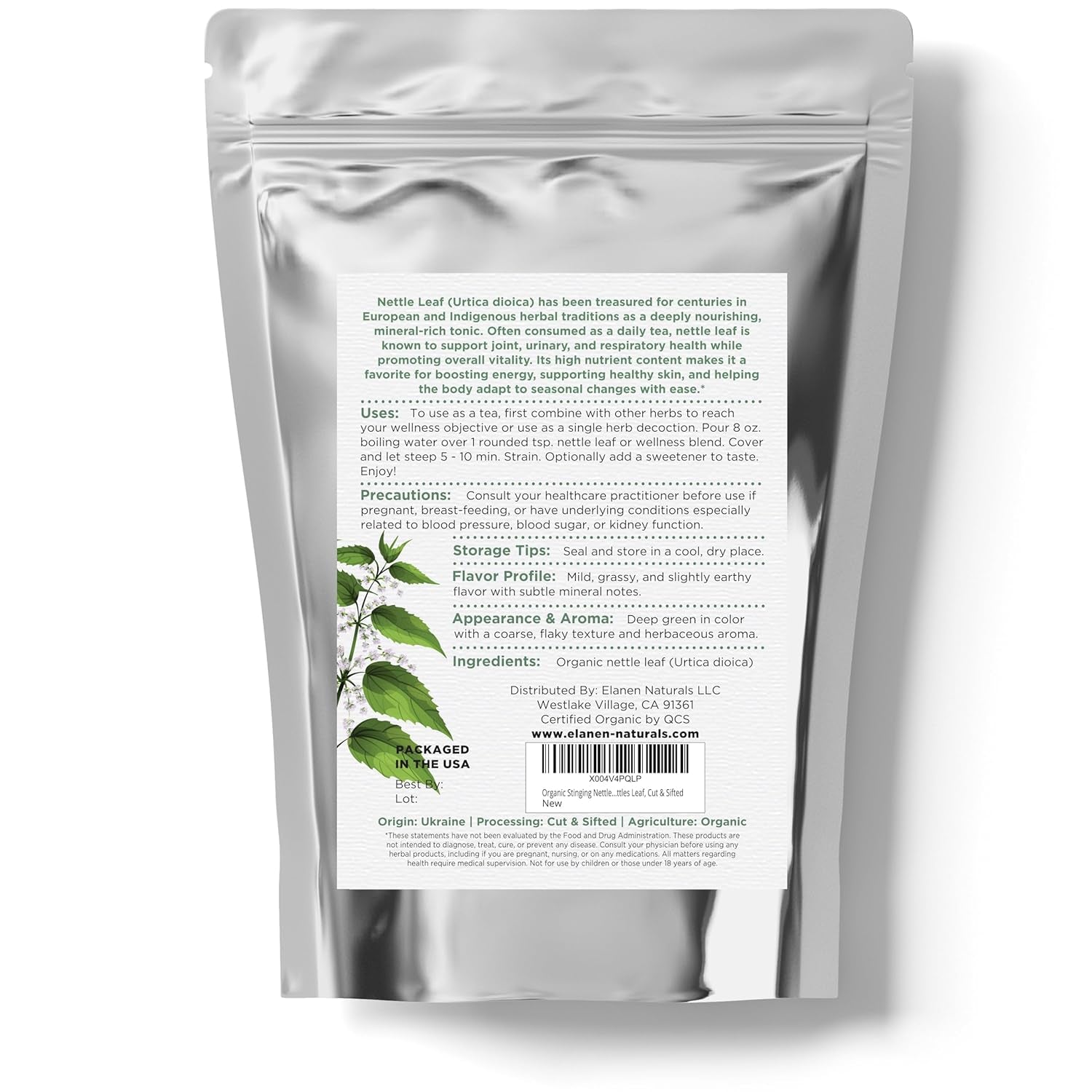 Organic Stinging Nettle 4 Oz. (113G), USDA Certified Organic Nettle Leaf Tea, Ortiga, Stinging Nettles Leaf, Cut & Sifted