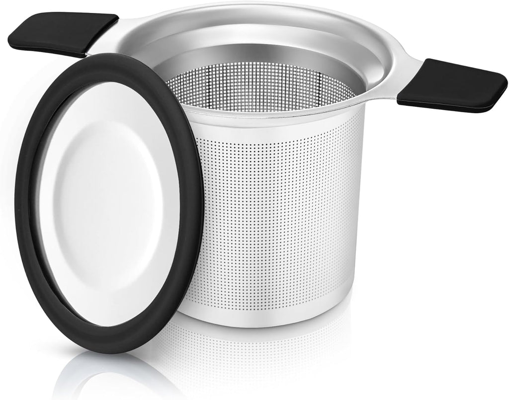 Stainless Steel Tea Infuser for Loose Leaf Tea – Extra Fine Mesh Strainer with Heat Proof Double Handles & Lid, Reusable Filter Fits Mugs, Cups & Teapots, Black