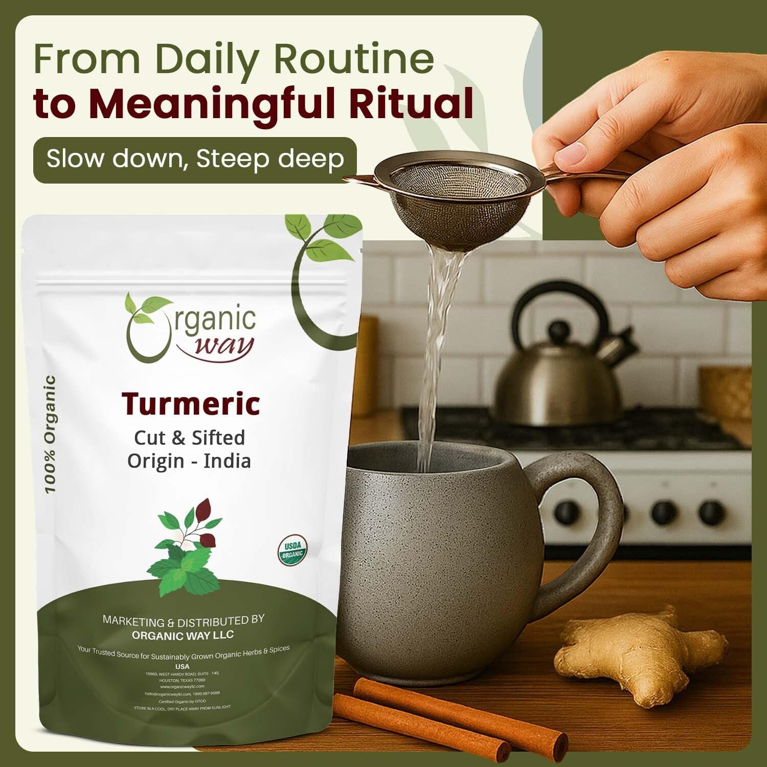 Turmeric/Haldi Root Cut & Sifted (Curcuma Longa) - Herbal Tea | Kosher & USDA Certified | Vegan, Non-Gmo & Gluten Free | Tested for Heavy Metal and Purity | Raw from India (1LBS / 16Oz.)