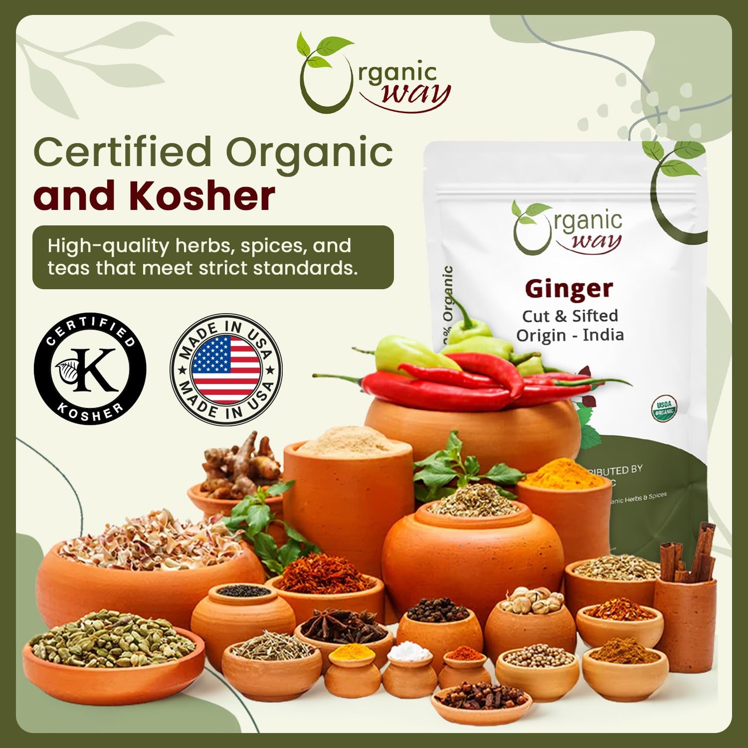 Ginger Root Cut & Sifted (Zingiber Officinale) - Herbal Tea | Kosher & USDA Certified | Vegan, Non-Gmo & Gluten Free | Tested for Heavy Metal and Purity | 100% Raw from India (1LB -16Oz)