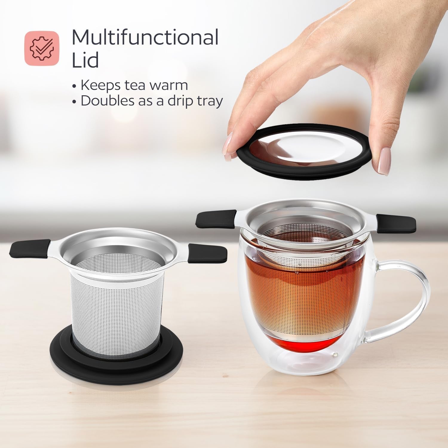 Stainless Steel Tea Infuser for Loose Leaf Tea – Extra Fine Mesh Strainer with Heat Proof Double Handles & Lid, Reusable Filter Fits Mugs, Cups & Teapots, Black