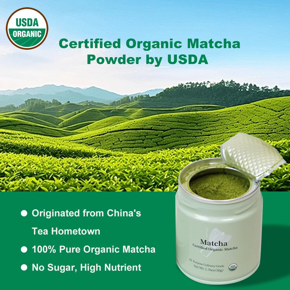 Premium First Harvest USDA Certified Organic Green Tea Matcha Powder, Rich Flavor, 100% Vegan with No Fillers, Radiation-Free (50G Culinary Grade Matcha)