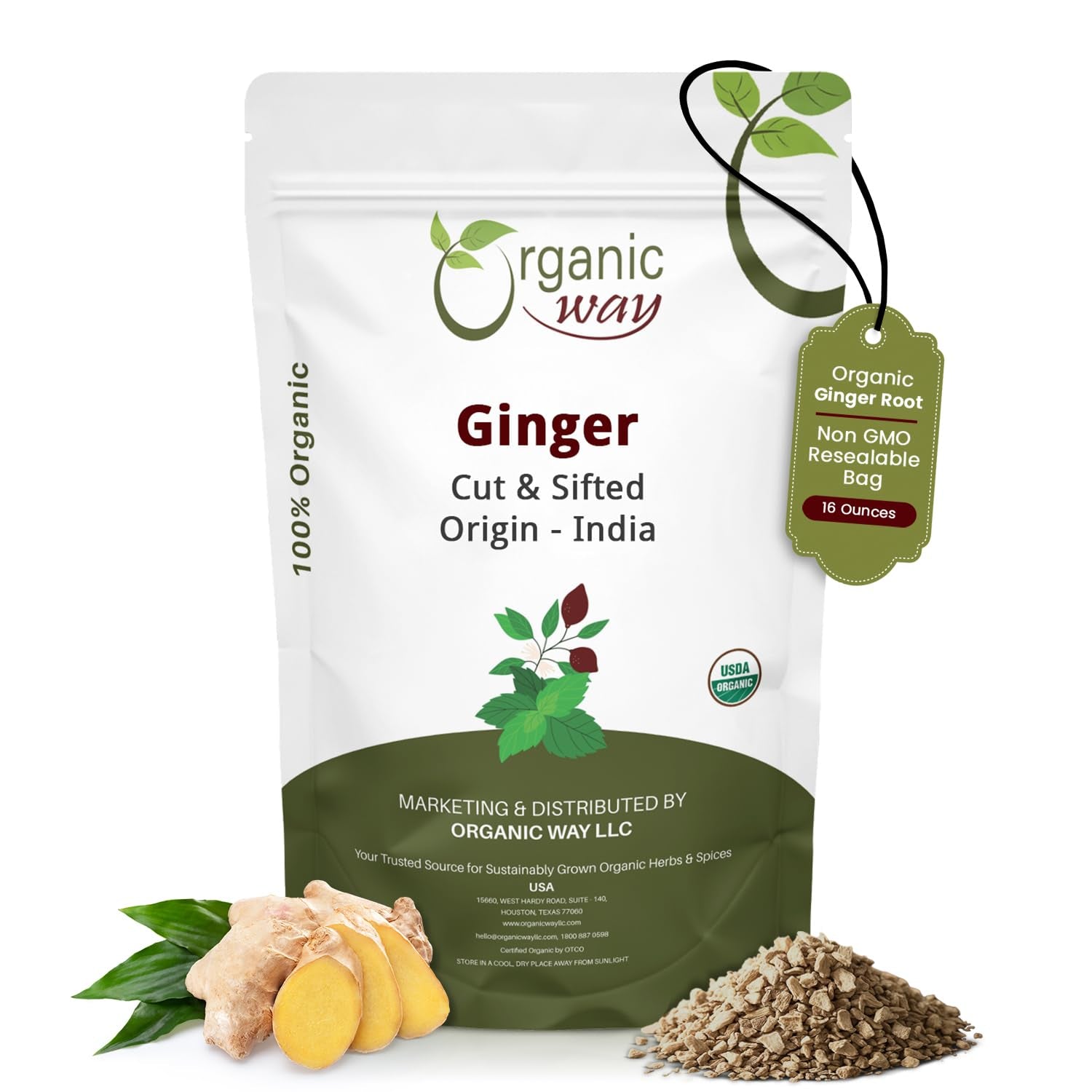 Ginger Root Cut & Sifted (Zingiber Officinale) - Herbal Tea | Kosher & USDA Certified | Vegan, Non-Gmo & Gluten Free | Tested for Heavy Metal and Purity | 100% Raw from India (1LB -16Oz)