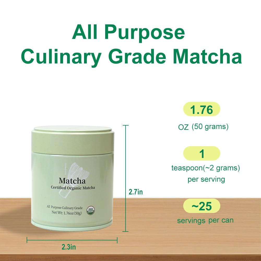 Premium First Harvest USDA Certified Organic Green Tea Matcha Powder, Rich Flavor, 100% Vegan with No Fillers, Radiation-Free (50G Culinary Grade Matcha)